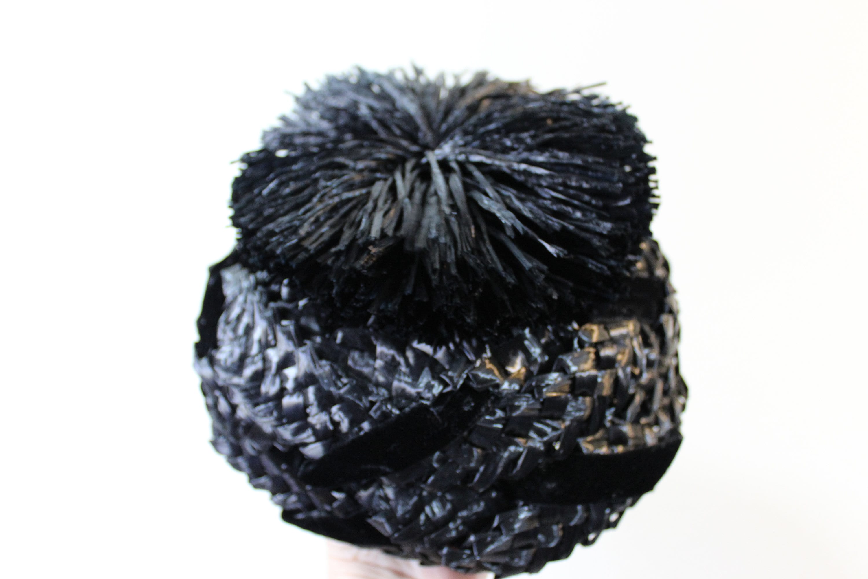 Vintage 50s Black Velvet Open-lattice Pom Pom Pillbox Hat, Vivian San Francisco 1950s Black Velvet Pillbox Hat, Dotted Netting, Open Crown  main image 2