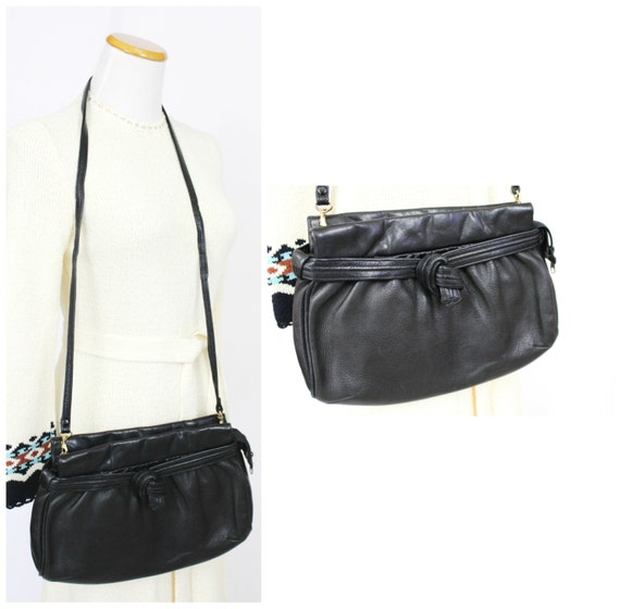 Vintage 70's 80's Black Leather Cross Body Clutch… - image 1