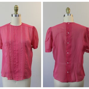 Vintage 1950s Dark Rose Pink Sheer Nylon Button Back Blouse short sleeve Shirt top pinup // Modern Size US 4 6 image 1
