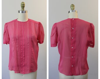 Vintage 1950s Dark Rose Pink Sheer Nylon Button Back Blouse short sleeve Shirt top pinup   // Modern Size US 4 6