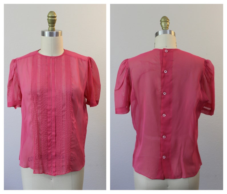 Vintage 1950s Dark Rose Pink Sheer Nylon Button Back Blouse short sleeve Shirt top pinup // Modern Size US 4 6 image 1