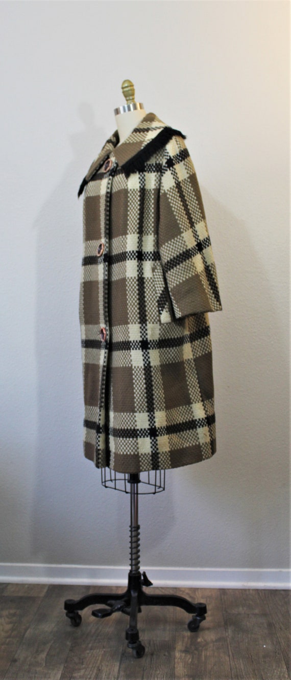 Vintage 1940s Plaid Coat Taupe Beige Black Overco… - image 6