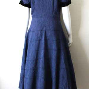 Vintage 40s 1950s Dress / 50s Blue Textured Tiered Day Dress Black Rayon Velvet Trim Button Down // Modern US 6 8 10 Medium Large image 5