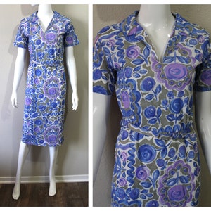 Vintage 40s 50 Abstract Floral Wiggle Dress Slinky Acetate Dress Cobalt Blue Purple Atomic // US 4 6 8 Small Medium image 1