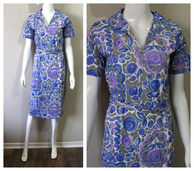 Vintage 40s 50 Abstract Floral Wiggle Dress Slinky Acetate Dress Cobalt Blue Purple Atomic // US 4 6 8 Small Medium image 1