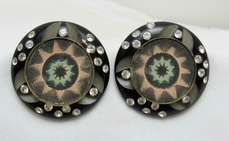 Vintage 1930s 40's RARE 3D Hologram Black Bakelite rhinestone Earrings clip image 9