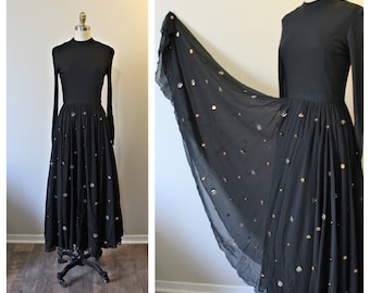 Vintage 60s 70s Unique Black crepe Chiffon Evening Gown Large Metallic Disc Sequin Copper Silver Bead Hollywood Glamour Maxi Dress
