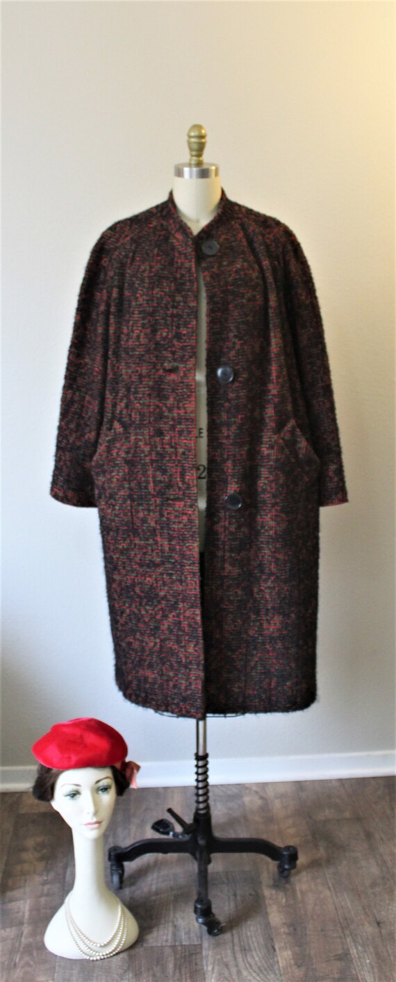 1950s BETTY ROSE Coat Black Red Mohair Woven flec… - image 6