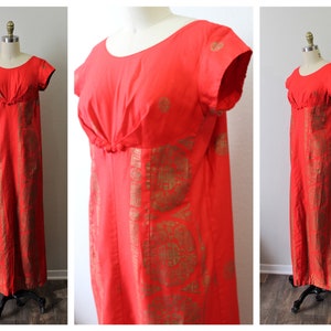 Vintage Red Gold Hawaiian Column Cotton Caftan Muu Muu Dress bullet bra and w/Train  // Modern Size US 2 4 6 Small