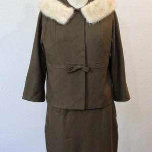 Vintage 1950s Jack Bloom Olive green mink Fur Collar Dress Suit pinup BULLOCKS of CALIFORNIA // US 0 2 4 xs s image 2