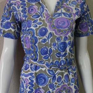 Vintage 40s 50 Abstract Floral Wiggle Dress Slinky Acetate Dress Cobalt Blue Purple Atomic // US 4 6 8 Small Medium image 4