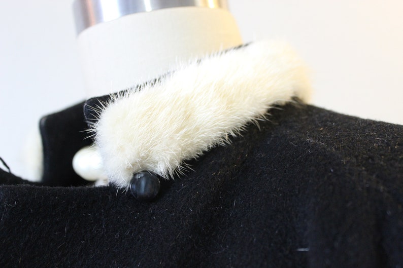 Vintage 40s 1950s Ranone Fancy Black Wool Coat Woven fibers Coat White Ermine Mink Collar Evening US 4 6 8 s m