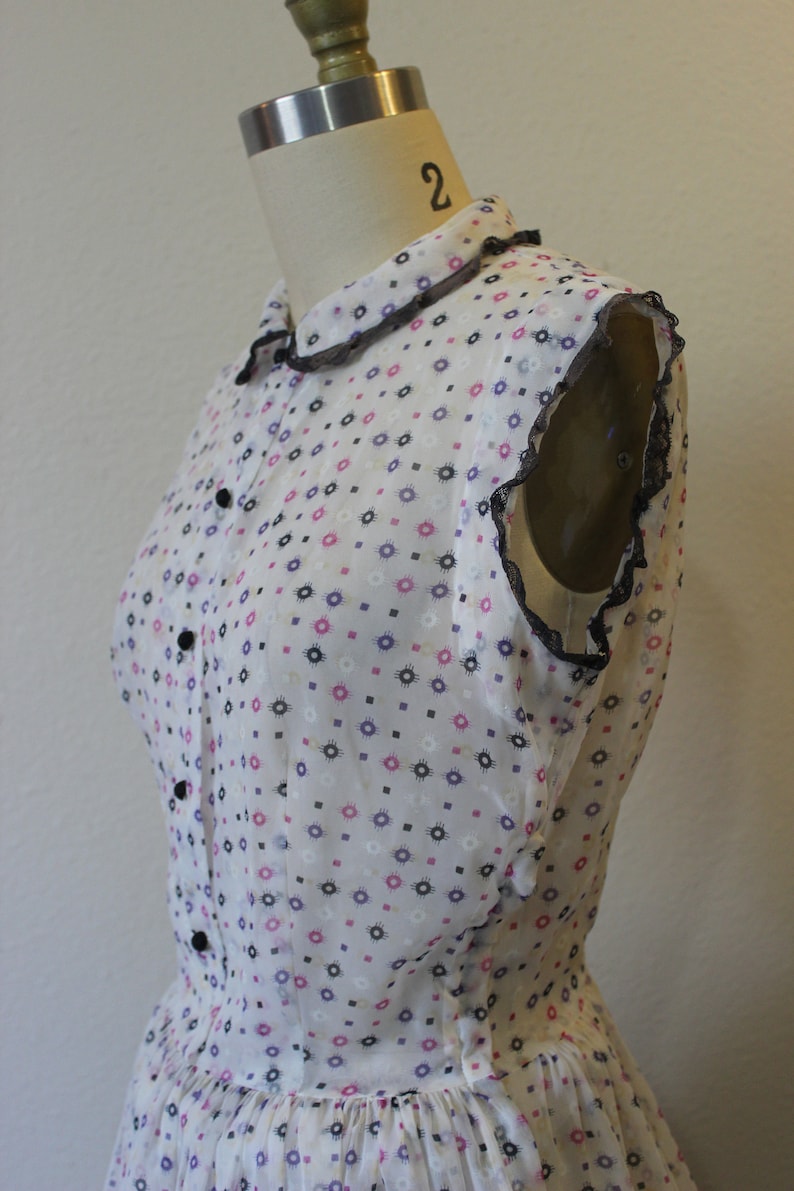Vintage 1940s Betty Barclay Frocks Sheer nylon pink purple Polka Dot White Day Dress // Modern Size US 2 4 6 Small xs s image 6
