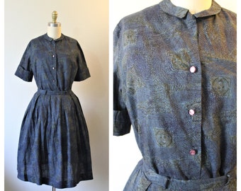 Vintage 1950s Cotton Navy Blue Batik full Skirt Top Fit Flare Rockabilly Day Dress  // Modern Size US 6 8 Small med