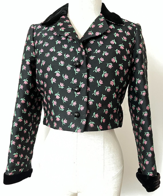 Vintage 1950s I. Magnin Black Pink Rose Bud Flowe… - image 2