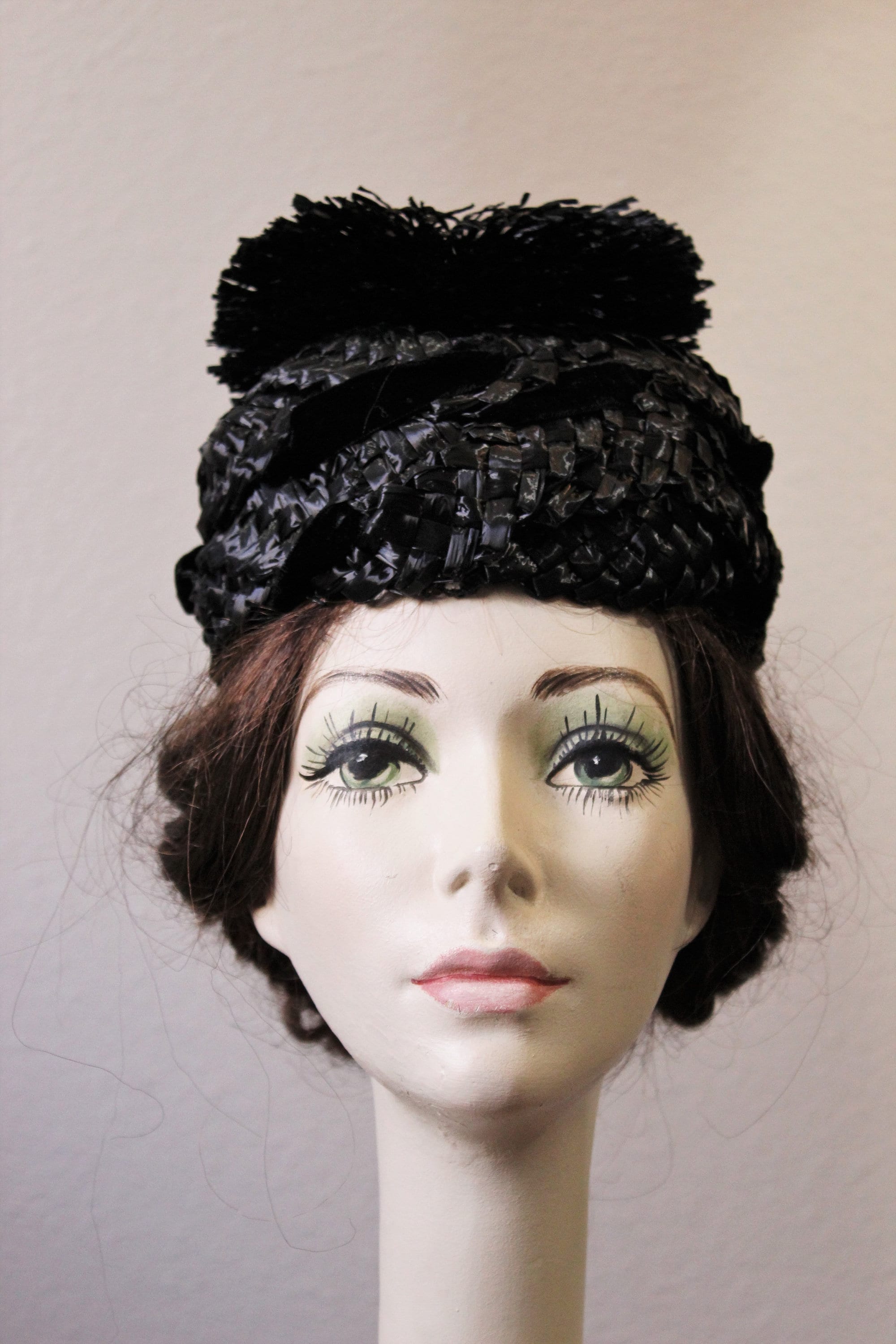 Vintage 50s Black Velvet Open-lattice Pom Pom Pillbox Hat, Vivian San Francisco 1950s Black Velvet Pillbox Hat, Dotted Netting, Open Crown  main image 4