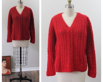 Mohair Sweater / Vintage 1950s 60s True Red Mohair wool cable knit Sweater jumper pin up // Hand Knit in Italy // US 6 to 10 med lg