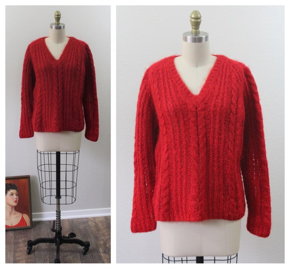 Vintage 1950s 60s True Red Mohair wool cable knit