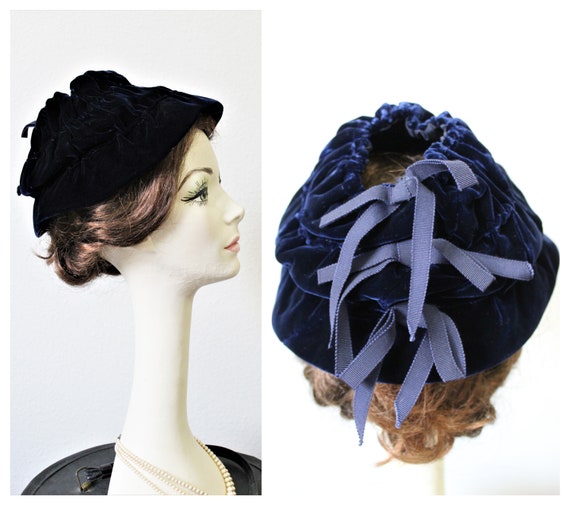 Vintage 1940s Stewards deep Blue Velvet Hat with … - image 1