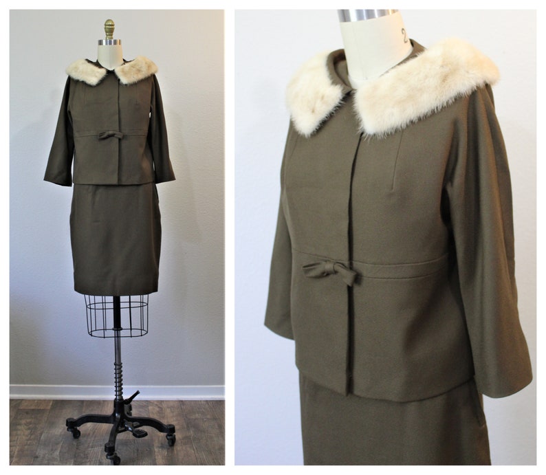 Vintage 1950s Jack Bloom Olive green mink Fur Collar Dress Suit pinup BULLOCKS of CALIFORNIA // US 0 2 4 xs s image 1