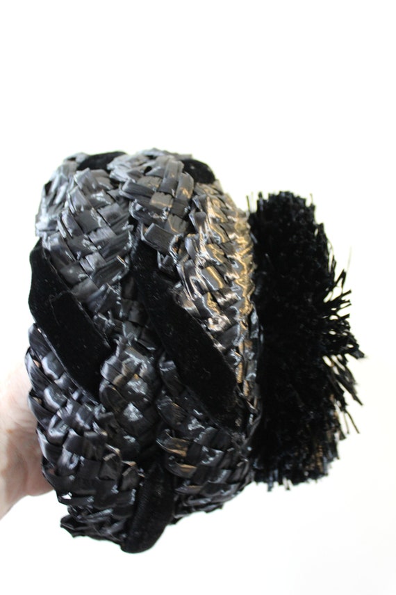 Vintage 1950s 60s Black Raffia Hat with Pom Pom M… - image 7