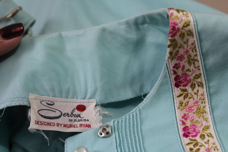 Vintage 50s Serbin of Florida Aqua pink rose Ribbon Cotton Rockabilly PinUp Bombshell Sun Dress Modern Size s m 6-8 Pinup Girl