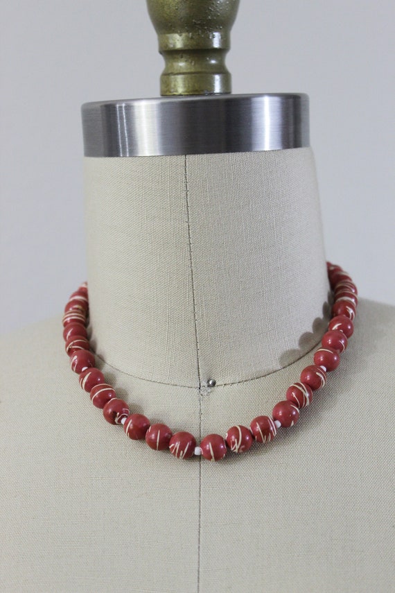 Vintage 40s coral Red white beaded celluloid gala… - image 5