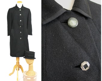 Vintage 1940's 50's Gorgeous Black Wool Straight Coat with Ribbon Trim Older Garment Union Label EUC