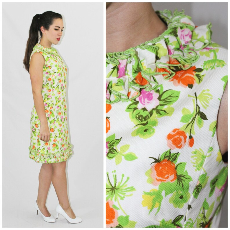 Vintage 60/'s Spring Ruffled Rose Floral Sheath Designer Dress BULLOCKS Wilshire Blvd California Jackie O/' Picnic Wedding