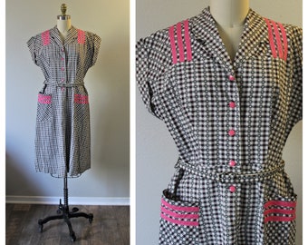 Vintage 40s 50s Checkered Gingham Black White Pink Clover Day Dress Rockabilly Pinup // Modern Size US 6 8 Small Med