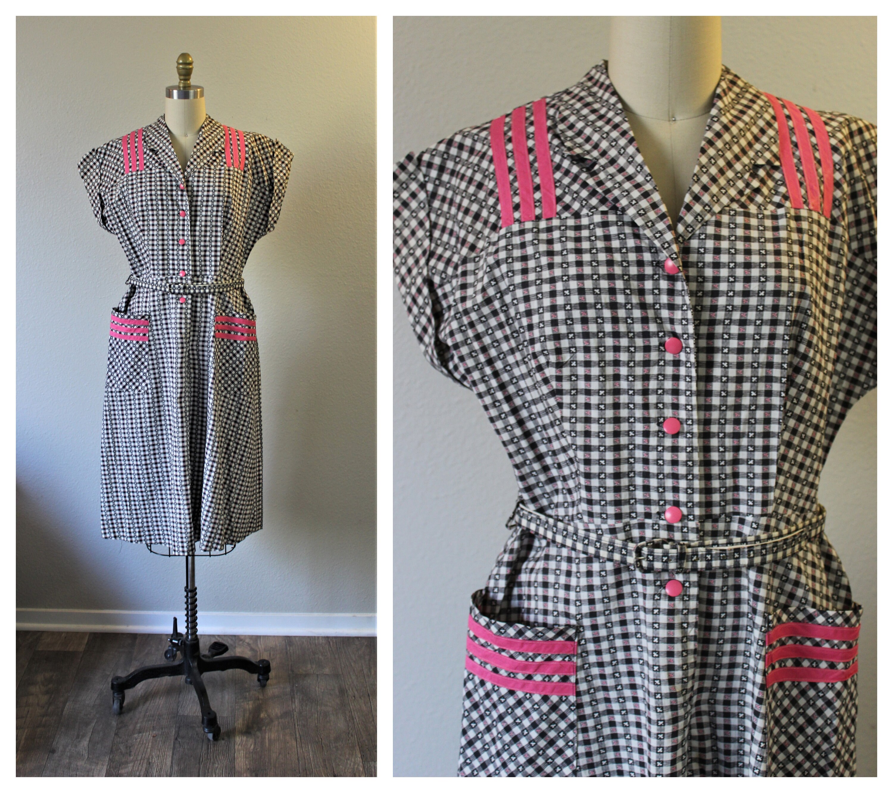 Vintage 40s 50s Checkered Gingham Black White Pink Clover Day Dress Rockabilly Pinup // Modern Size US 6 8 Small Med
