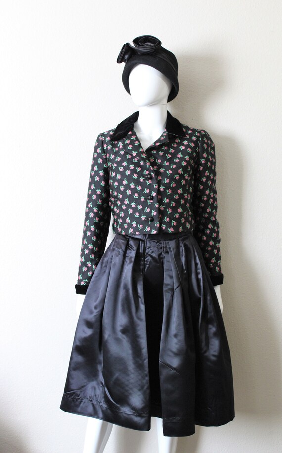 Vintage 1950s I. Magnin Black Pink Rose Bud Flowe… - image 3