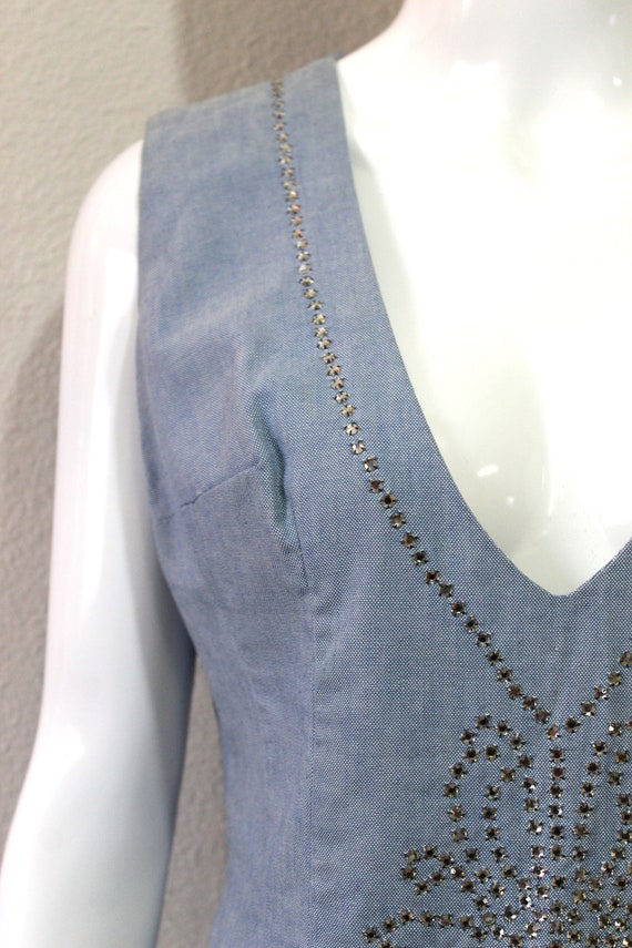 Vintage 60's Fancy Chambray Blue Cotton Day Wiggl… - image 9