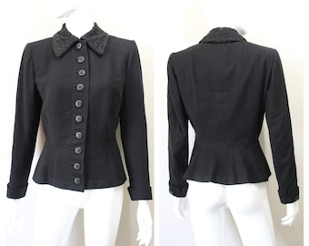1940s Peplum Jacket I. MAGNIN FORSTMANN Black Wool Persian Lamb Collar cuffs Coat // Modern Size US 0 2 4 6 xs Small
