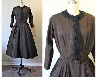 1950s MARTINI Designed Dress Brown Jet Black Beaded Trim Belted Rockabilly Rare Label // US 4 6 small Excellent