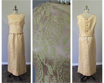 Vintage 1960s 50s Designer Malcolm Starr   Outstanding Silk Damask Brocade Button Back Maxi Dress // US 4 6 small