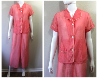 1940s MYLCRAFT New Old Stock Pajama Set Coral Pink Waffle Weave High Waisted wide leg Pants Shirt Hollywood Lounge Set // Size US 4 6