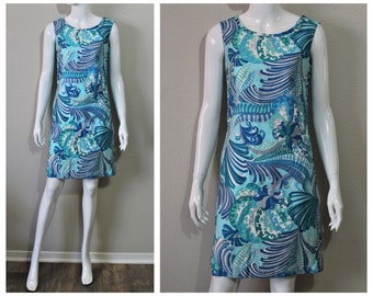 1960s LOUNGE CRAFT Dress Original Novelty Print Art to Wear Shift Dress Ocean Waves Vintage  // Modern Size US 2 4 xs Small