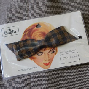 Vintage 50s 1960s Hair Bow clip in Original Packaging Gayla Hair Accessories black brown plaid barrette pinup girl