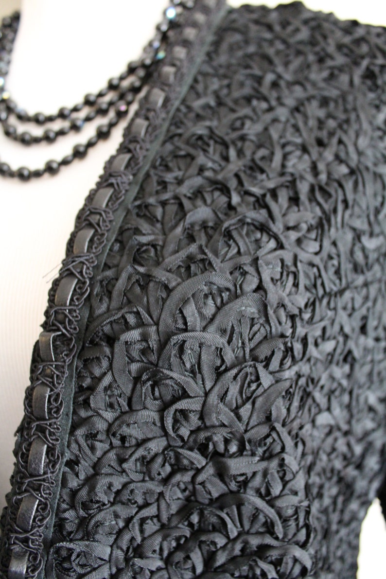 Vintage 40/'s 50/'s Black curly RIBBON Soutache Crop bolero shrug Jacket coat cardigan gorgeous!