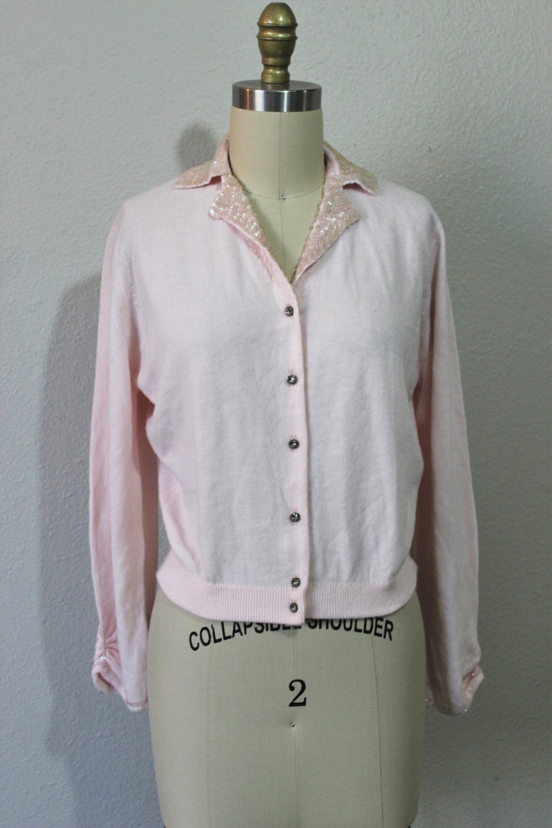 Vintage 1950s 60s Rosanna Light Pink Beaded Collar Cardigan Orlon Pinup Sweater Rhinestone Buttons // Modern Size US 2 4 6 8 Small Med image 1