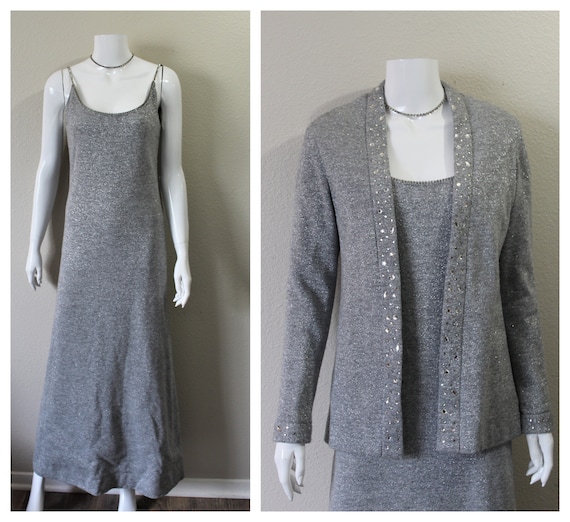 1960s FRED PERLBERG Perullo Two Piece Silver metallic knit Rhinestone Dress matching sweater evening cocktail 1970s // US 4 6 Small