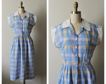 Vintage 1940s 50s Cotton Blue Pink Plaid Day Dress short cap sleeve vtg 40s // Modern Size US 6 8  Medium