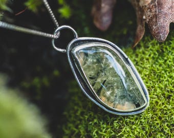 Prehnite silver Pendant - Hand Forged Silver Necklace - Recycled Silver Jewelry - Green Witch Amulet - Leaf Cutout Back - Healer Gift