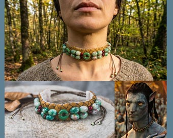 Jake Sully Necklace Avatar Cosplay Green Agate Leather Choker Na'vi Prop Movie Replica Handmade Unique Gift Limited Edition