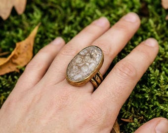 Fossil Coral Ring Brass Setting - Oval Agatized Coral Jewelry - Ancestral Wisdom Stone - Unique Statement Ring - Boho History Gift