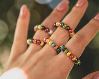 Handmade Rainbow Ceramic Beaded Stretch Ring - Colorful Boho Jewelry for Men and Women - Unisex Elastic Stacking Ring - Vibrant Artisan Gift