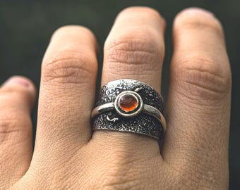 Carnelian Statement Ring Oxidized Silver - Wide Band Textured Jewelry - Fire Stone Crystal - Sacral Chakra Energy - Rustic Boho Gift