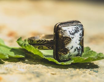 Antique Bronze Ring with Dendritic Opal - Landscape Stone Ring - Magic Crystal Jewelry - Boho Witchy Ring - Unique Gift