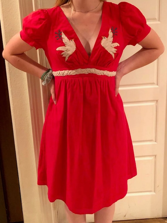 Beautiful Boho Country Embroidered Red Dress by Joy Han